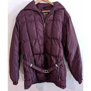 Vintage Tempco Down Puffer Jacket Womens XL Burgundy Belted Quilted Parka Talon